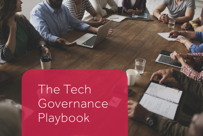 People sitting at the table with laptops and text "The Tech Governance Playbook"